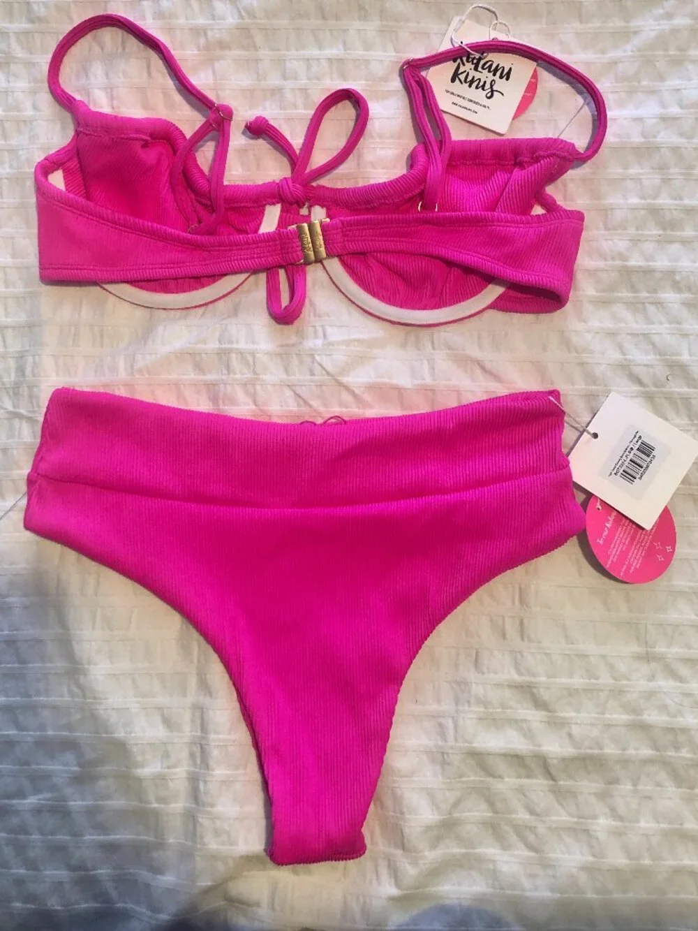 NWT Kulani Kini Flamingo hot Pink Ribbed Bikini size Large - Picture 4 of 13